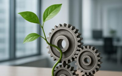 A plant growing through metal gears in a modern office setting, symbolizing the integration of culture and strategy for