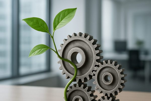A plant growing through metal gears in a modern office setting, symbolizing the integration of culture and strategy for