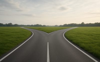 A fork in the road with green grass and trees in the background, symbolizing choices and adaptability