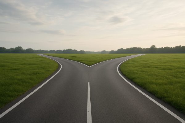 A fork in the road with green grass and trees in the background, symbolizing choices and adaptability