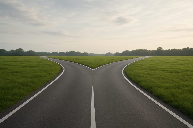 A fork in the road with green grass and trees in the background, symbolizing choices and adaptability