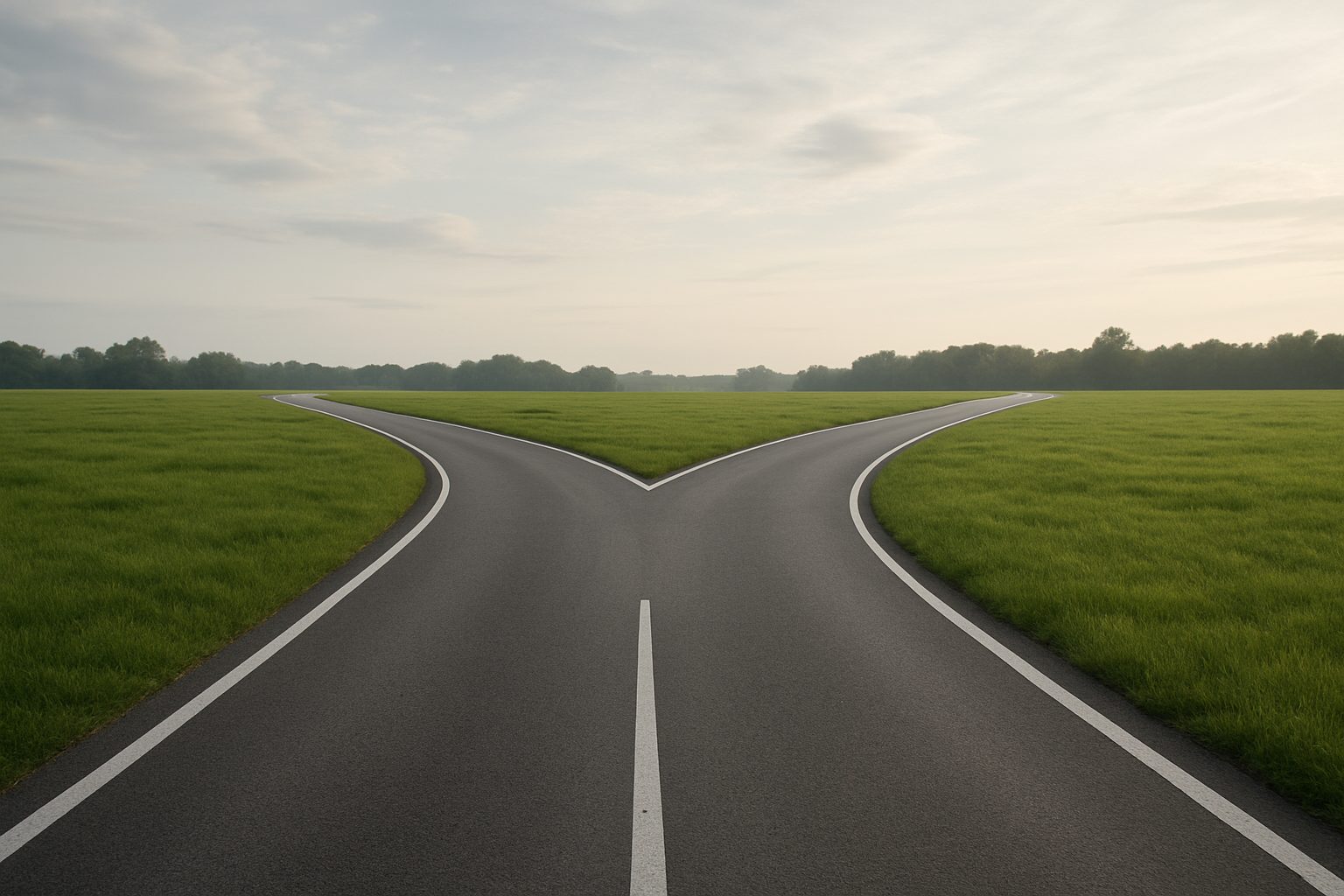 A fork in the road with green grass and trees in the background, symbolizing choices and adaptability