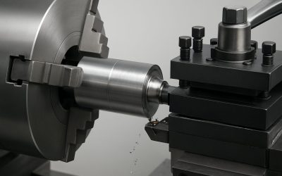 close-up of a precision lathe machining metal