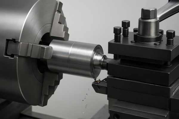 close-up of a precision lathe machining metal
