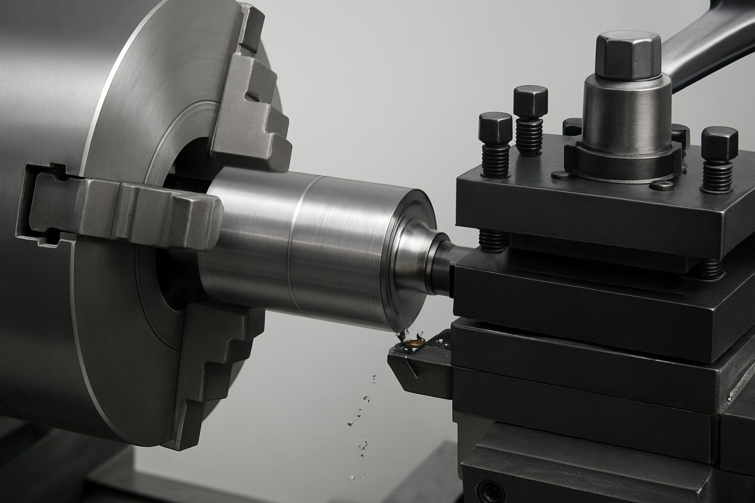 close-up of a precision lathe machining metal