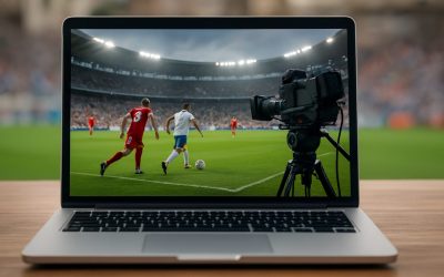 A laptop displaying a live sports match with players on the field and a camera positioned nearby.
