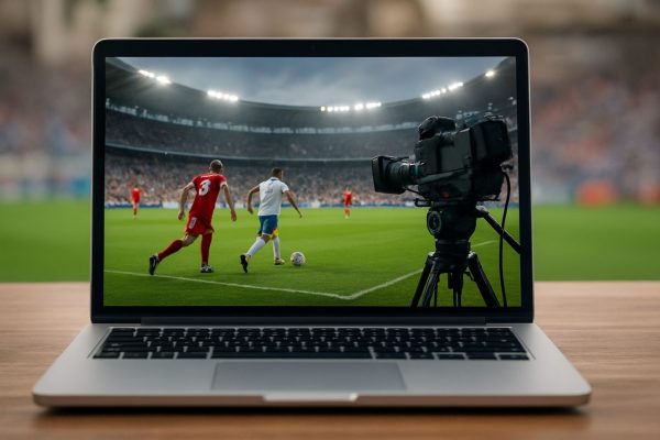 A laptop displaying a live sports match with players on the field and a camera positioned nearby.