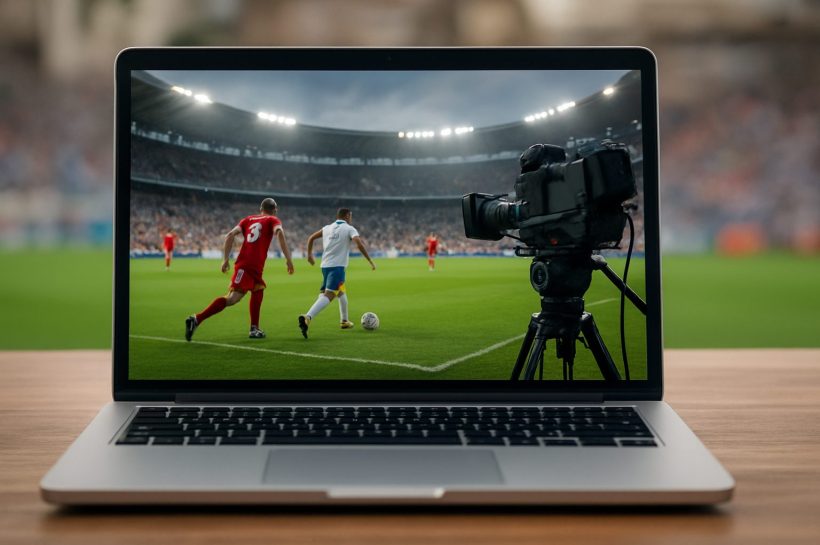 A laptop displaying a live sports match with players on the field and a camera positioned nearby.