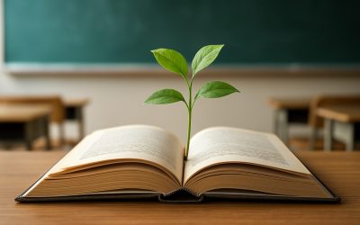 An open book with a small green plant growing from its pages, set against a blurred classroom background.