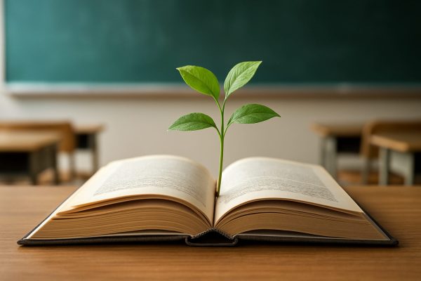 An open book with a small green plant growing from its pages, set against a blurred classroom background.